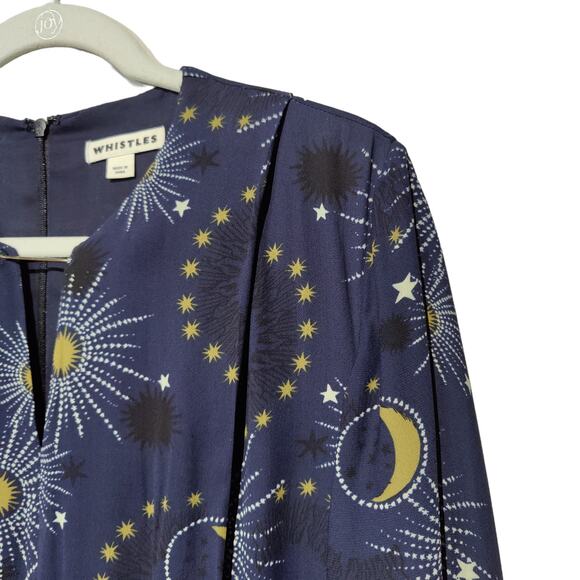Whistles Women's Sz 10 Navy Gold Celestial Print Stars Moons Dress Long Sleeve - Picture 4 of 11